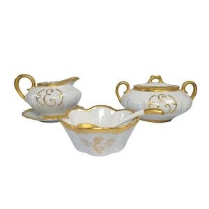 Vtg TK Thun Gold Trim Porcelain Monogrammed "E" Cream and Sugar Set